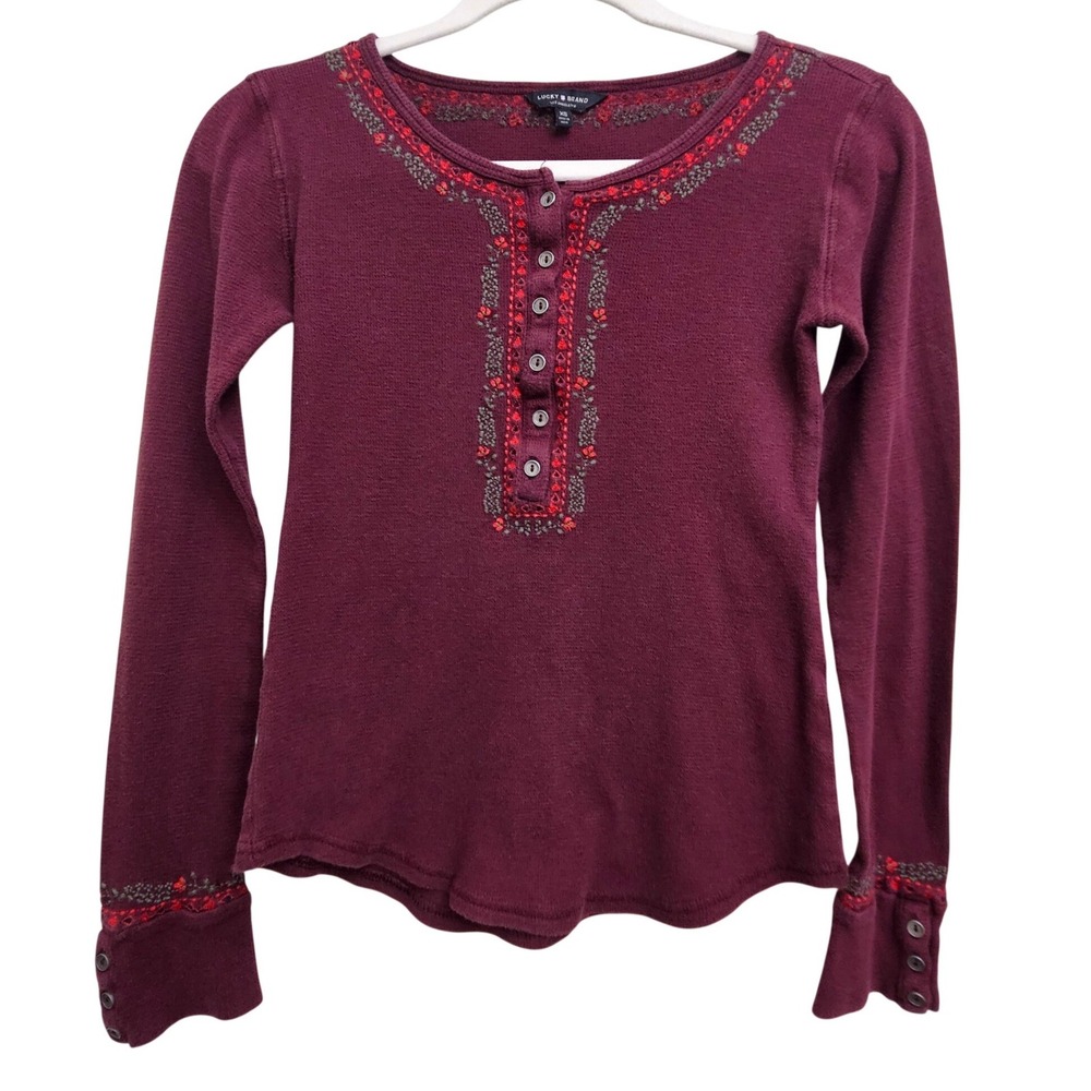 Lucky Brand Henley Top Women XS Burgundy Embroidered Floral Thermal Boho Casual